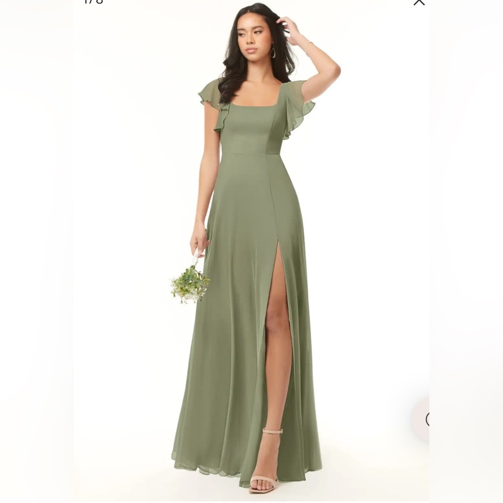 Azazie Olive Green Ruffle Sleeve Maxi Dress